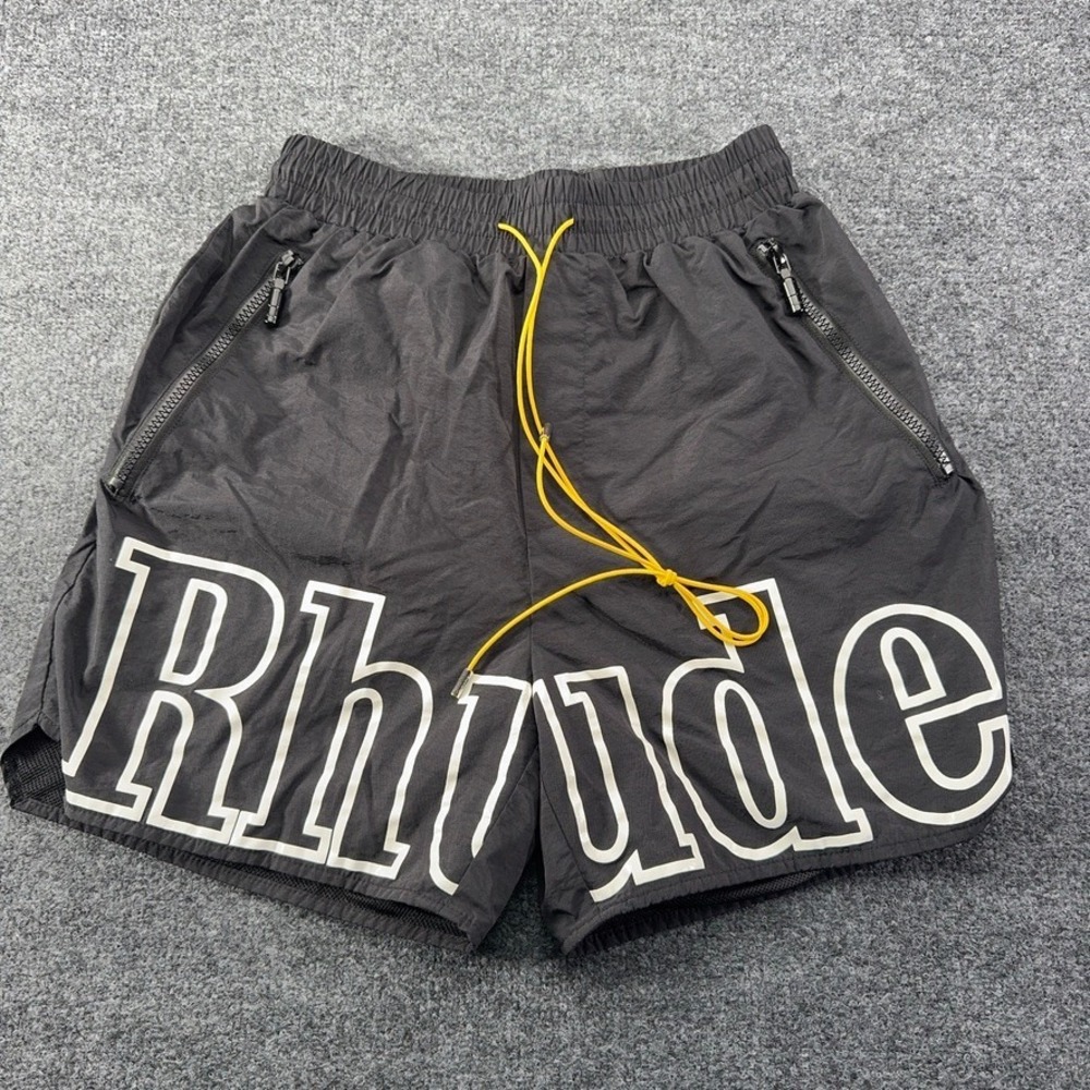 Rhude Mens Logo Swim Trunks Black Yellow Drawstring Nylon Shorts Pockets EUC